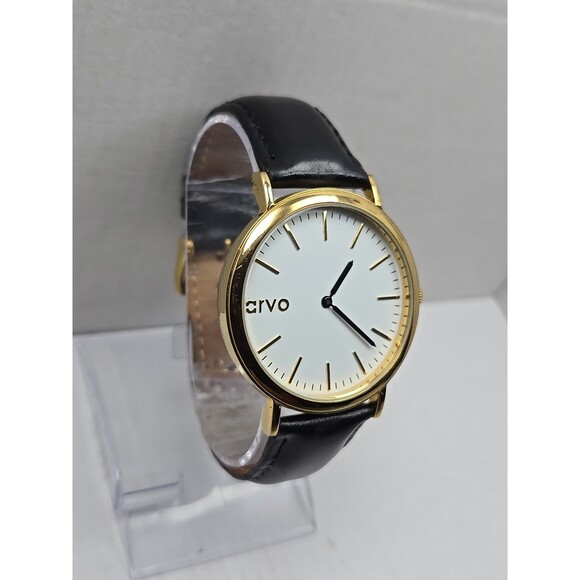 Arvo Time Sawyer Gold White Dial Black Leather Quartz Watch New Battery Mens - Picture 3 of 12